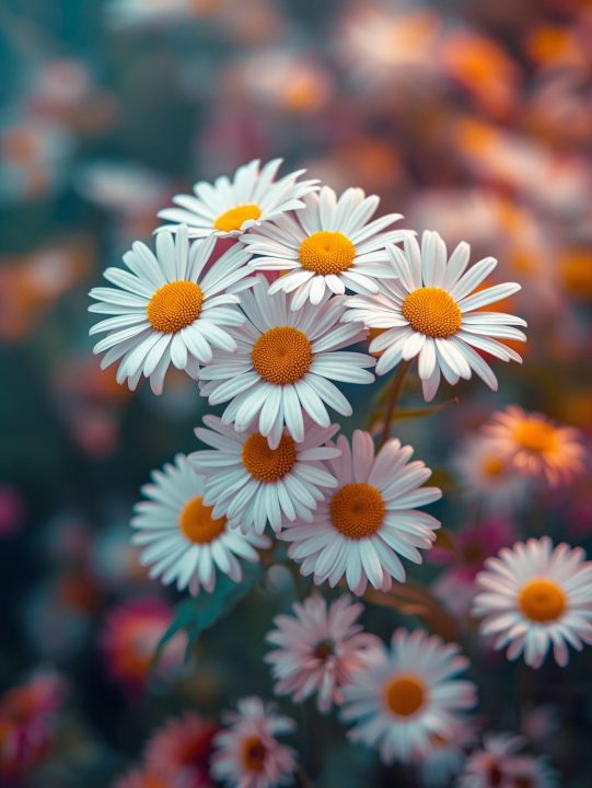 A cluster of white daisies with bright yellow centers is in focus, funeral homes in Berkley, MI