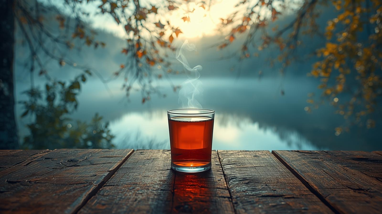 A glass of tea sits on a wooden table overlooking a tranquil lake.