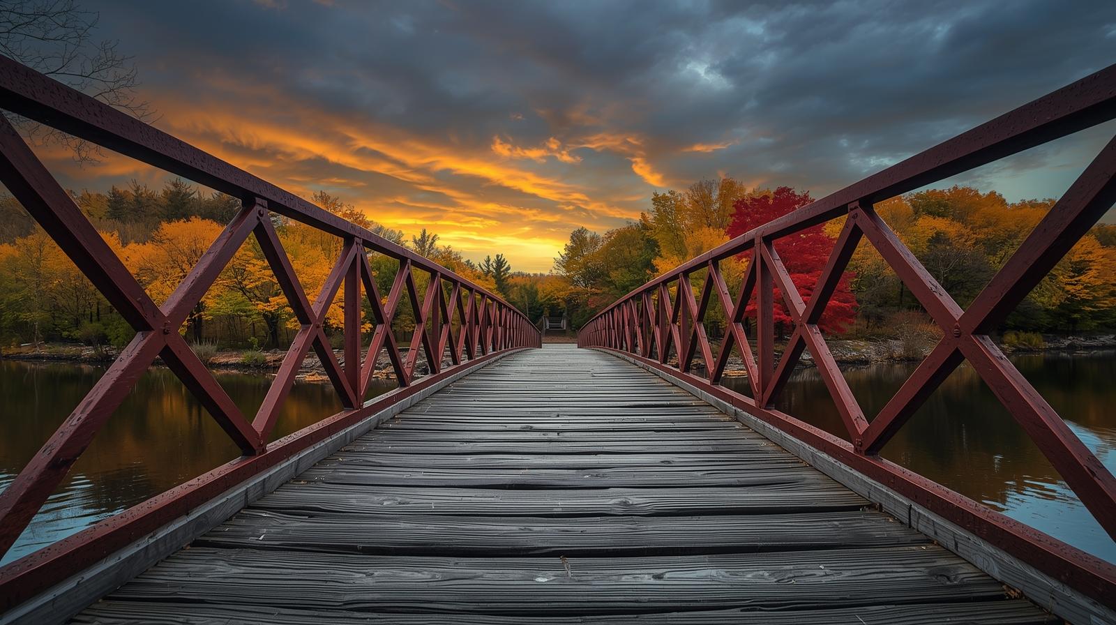 A low-angle, eye-level view of a wooden bridge with weathered planks