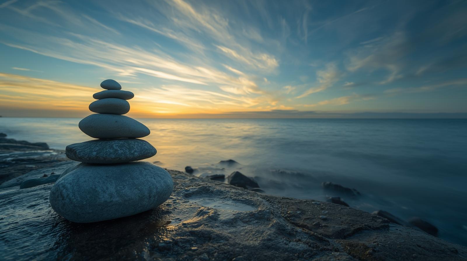 A low-angle photograph of a carefully balanced stack of smooth gray stones on a rocky shoreline.
