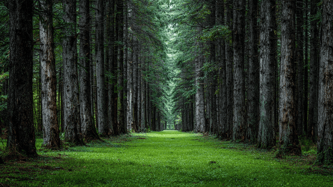 A dense, symmetrical wide-angle photograph of a forest with a grassy path. Funeral Homes Sterling Heights, MI are ready to assist.