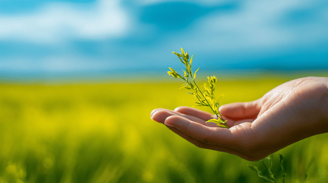 A sunlit sprout in a hand and a dense, symmetrical forest path. Funeral Homes Sterling Heights, MI are available for your needs.