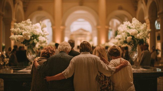 Funeral Homes in Berkley, MI a supportive group with arms around each other, facing a grand hall adorned with large white flowers