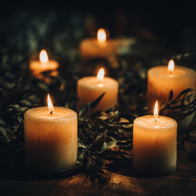 Several lit candles amidst dark greenery, a warm and reflective scene often associated with honoring loved ones and cremation services