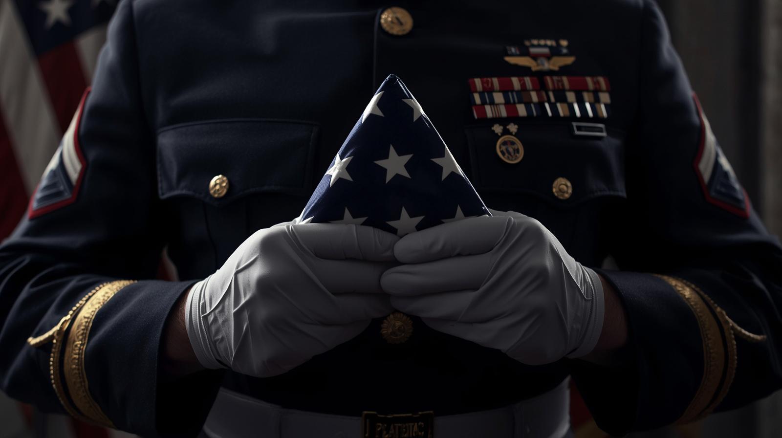 Soldier holding a folded flag for funeral homes Royal Oak MI.