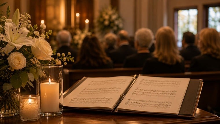 Grand piano, candles, and white floral arrangements prepared for a peaceful funeral memorial service