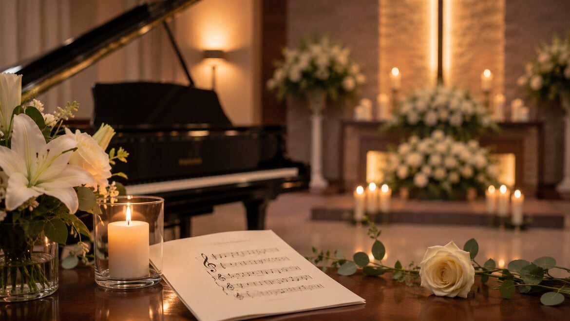 Open hymnal, candles, and white flowers with mourners gathered during a traditional funeral service