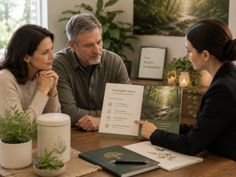 Family exploring cremation services in Royal Oak, MI and sustainable memorial options with a funeral advisor.