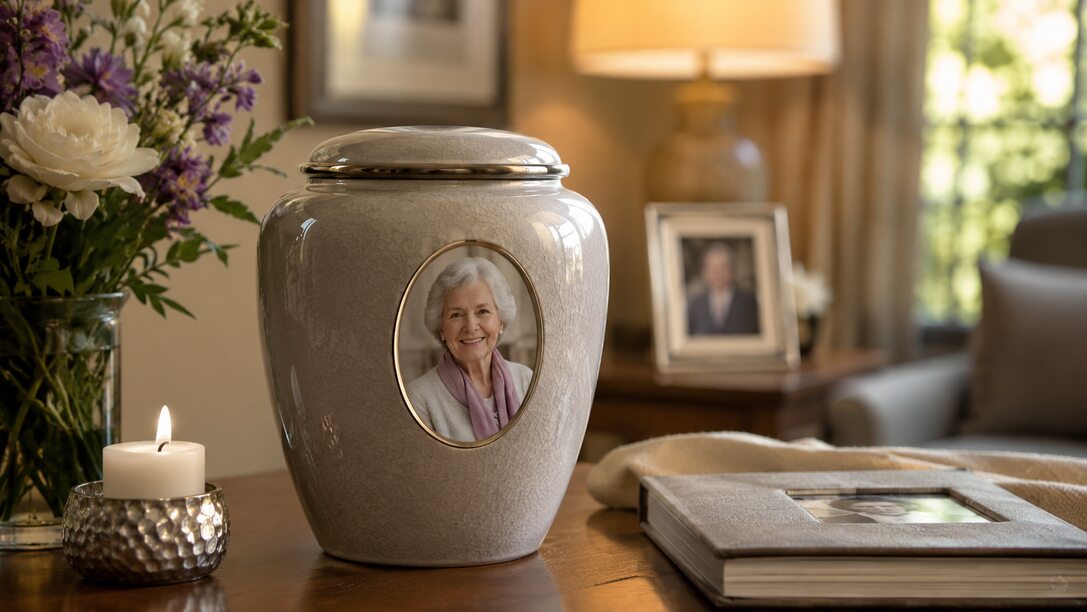 Photo memorial urn displayed beside a candle, flowers, and family keepsakes in a peaceful home setting.