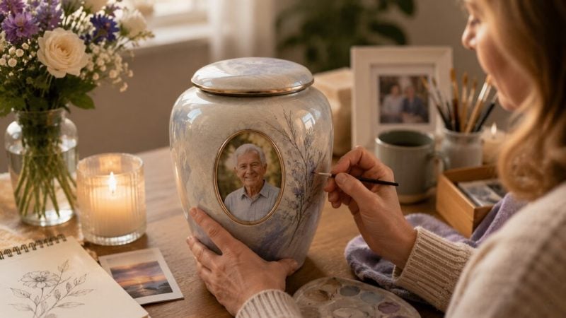 Artist hand-painting a personalized photo urn with floral details surrounded by candles and memorial keepsakes.
