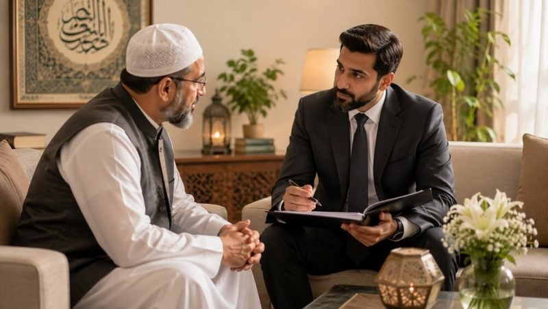 Family meeting with an imam to discuss Islamic funeral customs and end-of-life arrangements.