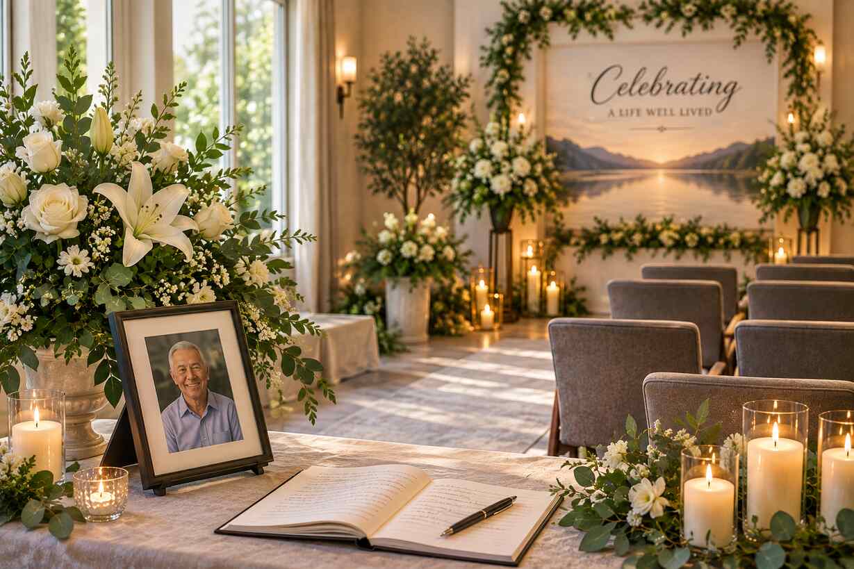 Memorial table with framed portrait, guest register book, white lilies, and lit candles in a chapel setting