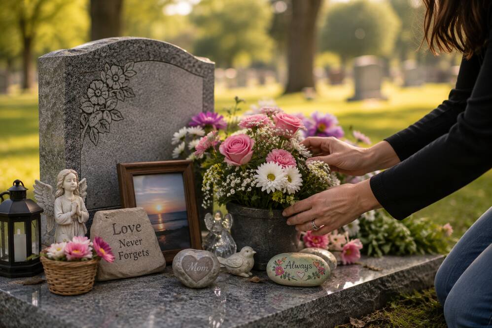 Person arranging fresh flowers at a loved one's gravesite surrounded by heartfelt keepsakes, framed photos, and memorial decorations.