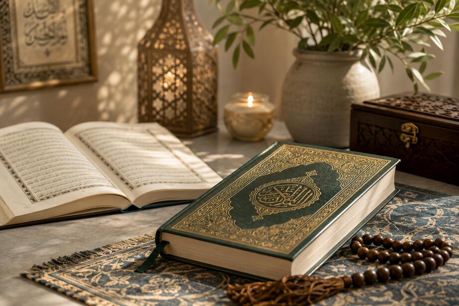 Quran, prayer beads, and a peaceful memorial setting reflecting Islamic funeral traditions.