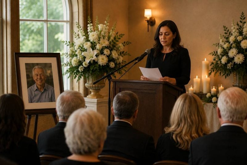 Woman reading a speech at a wooden podium during a memorial service next to a framed portrait and white flowers