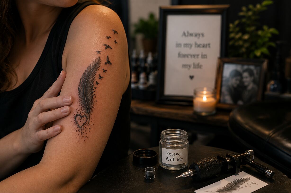 Woman touching feather and flying birds memorial tattoo on arm with cremation jar in foreground