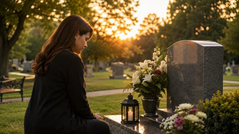 Woman quietly reflecting at a loved one's gravesite with fresh flowers, a memorial lantern, and sunset in the background. Select 81 more words to run Humanizer.