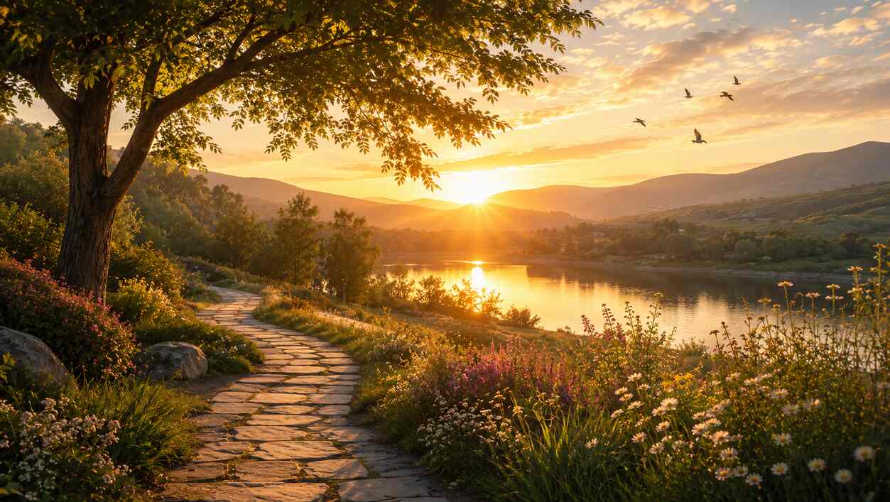 Peaceful lakeside path surrounded by wildflowers and trees during a warm golden sunset