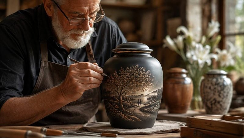 Artisan carefully decorating a personalized cremation urn with a detailed nature scene