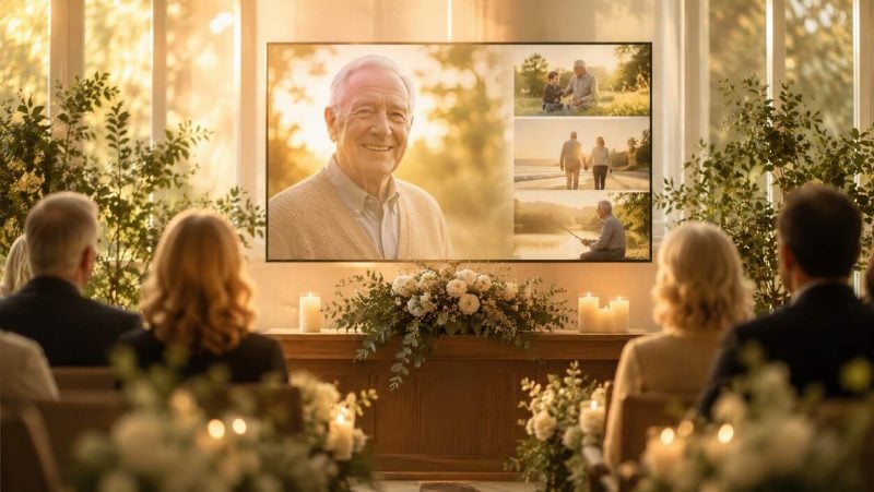 Family watching a legacy video during a funeral memorial service