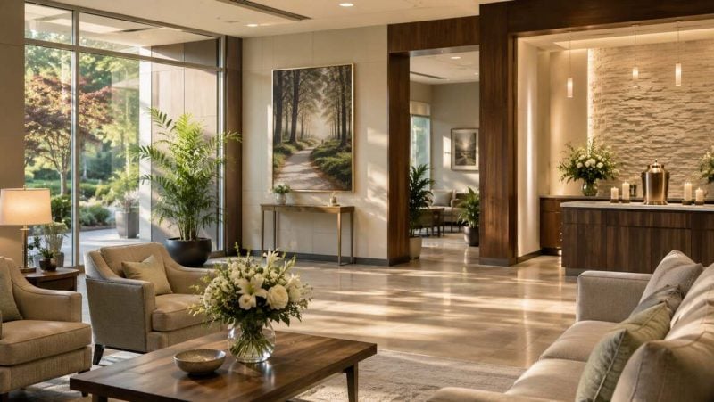 Welcoming funeral home interior prepared for a cremation memorial service