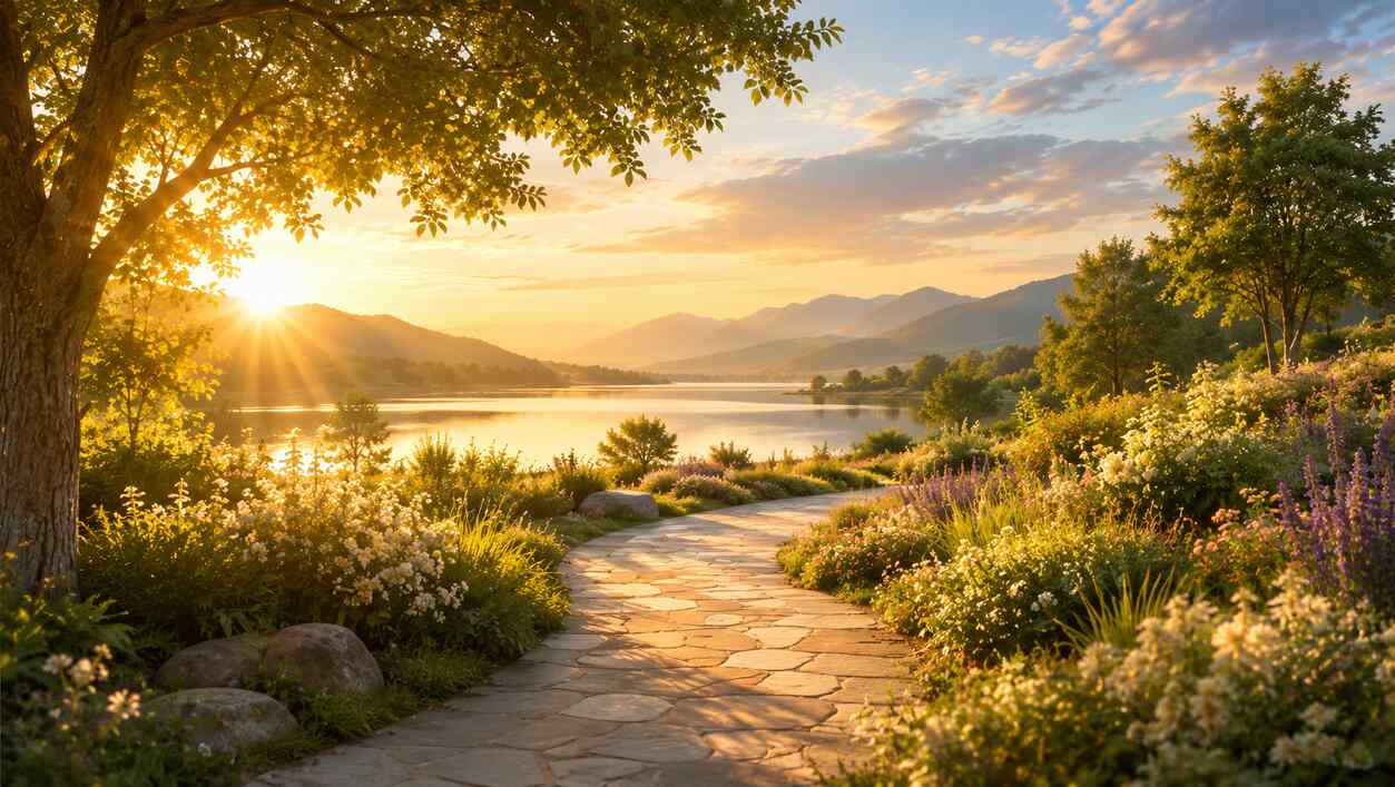 Peaceful lakeside garden at sunset symbolizing remembrance and reflection