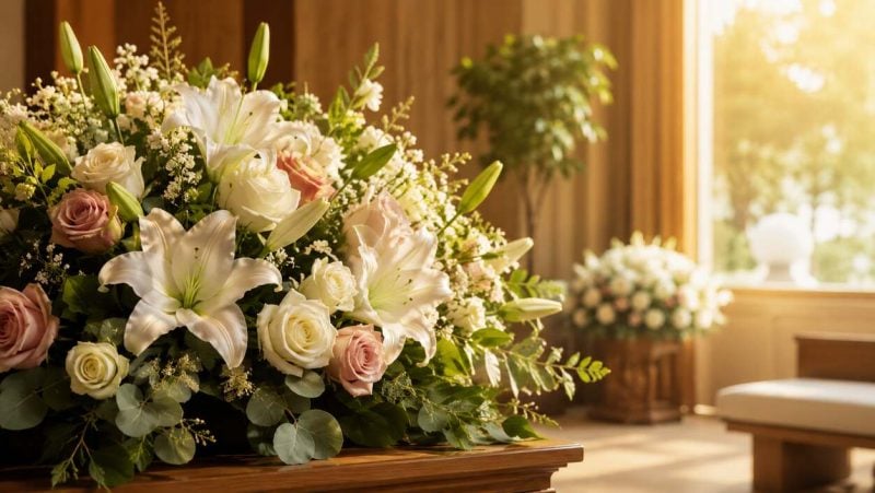 White lilies and soft pink roses arranged as an elegant floral tribute for a traditional funeral