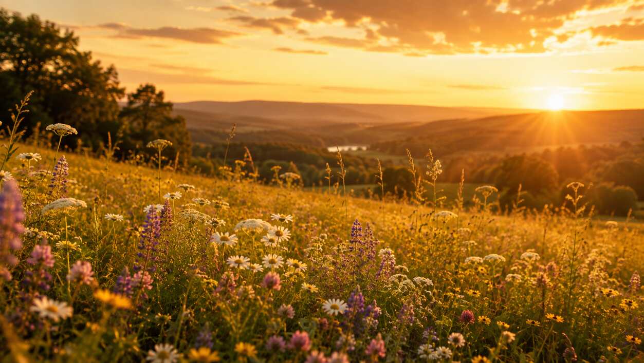 Wildflowers across a peaceful hillside at sunset, symbolizing remembrance and reflection