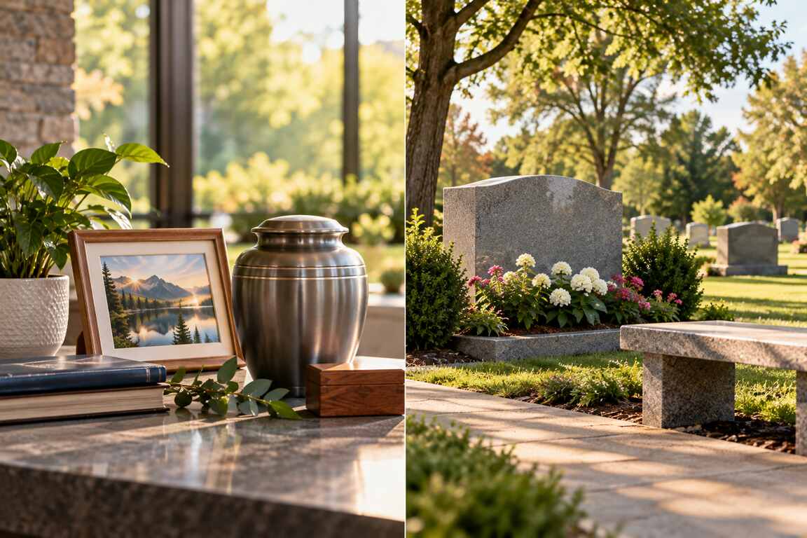Cremation keepsakes beside an urn overlooking a peaceful landscaped burial garden with a memorial marker