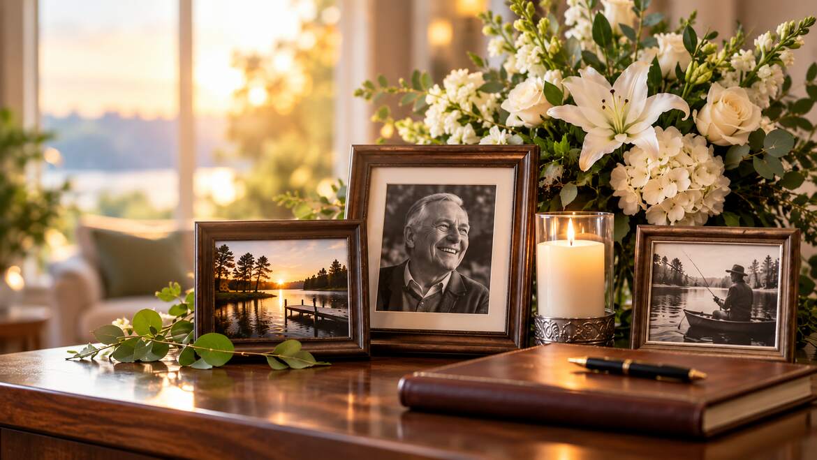 Framed memorial photos with white flowers and a candle honoring cherished memories of a loved one