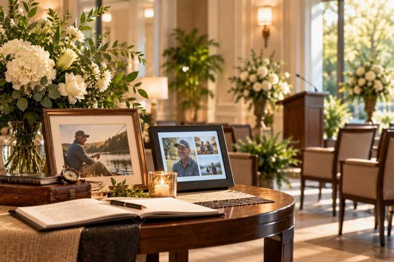 Memorial tribute display with framed family photos, white flowers, candle, and remembrance book