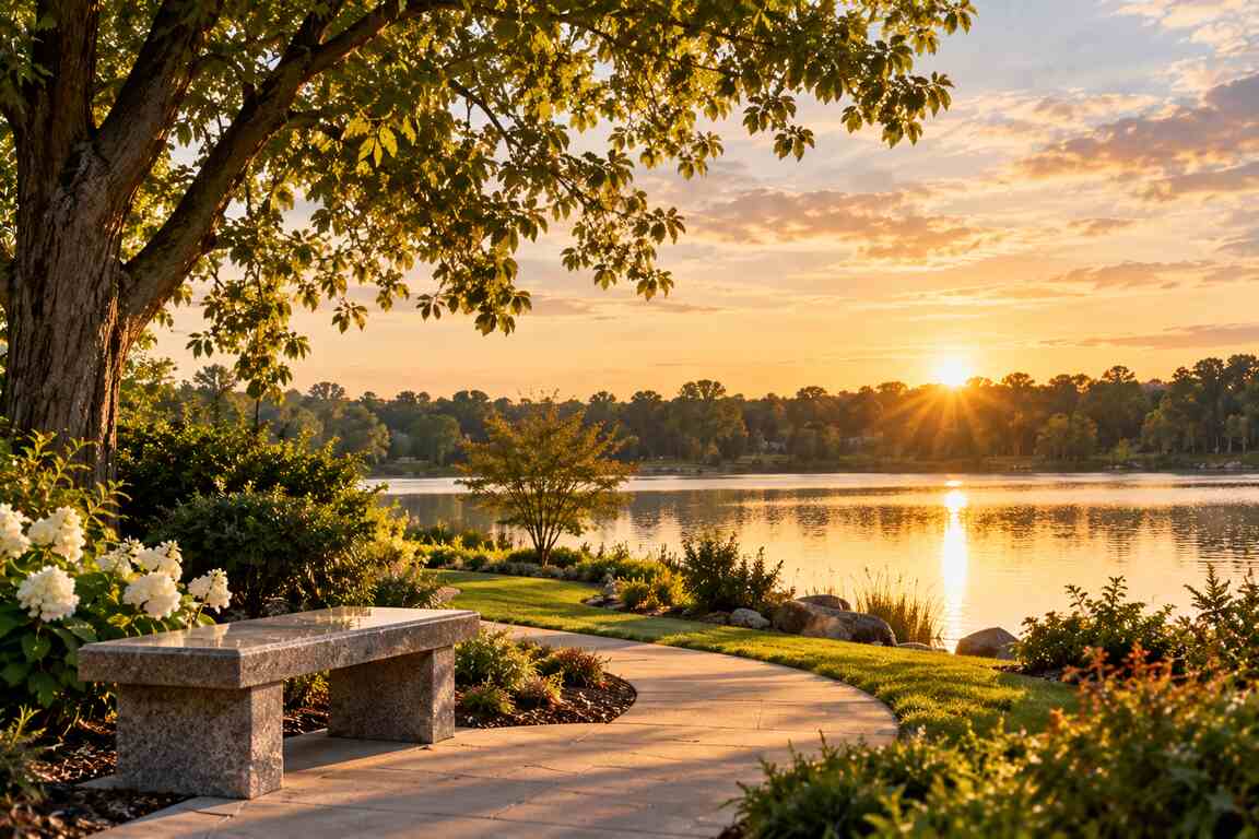 Peaceful lakeside memorial garden with a stone bench, flowering landscape, and warm sunset