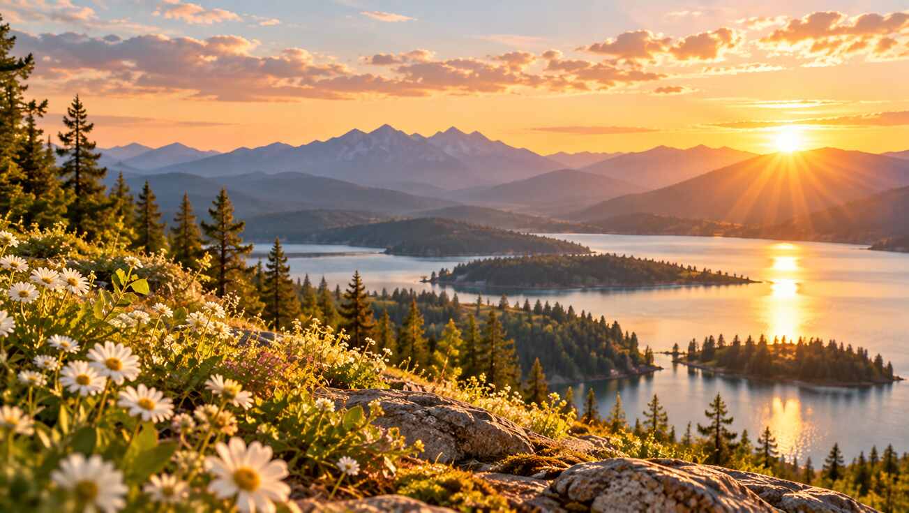 Peaceful mountain lake surrounded by evergreen trees and wildflowers during a warm golden sunset