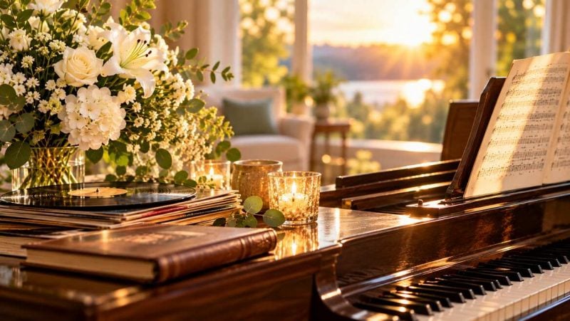 Piano with sheet music, white flowers, candles, and vinyl records arranged for a meaningful memorial tribute