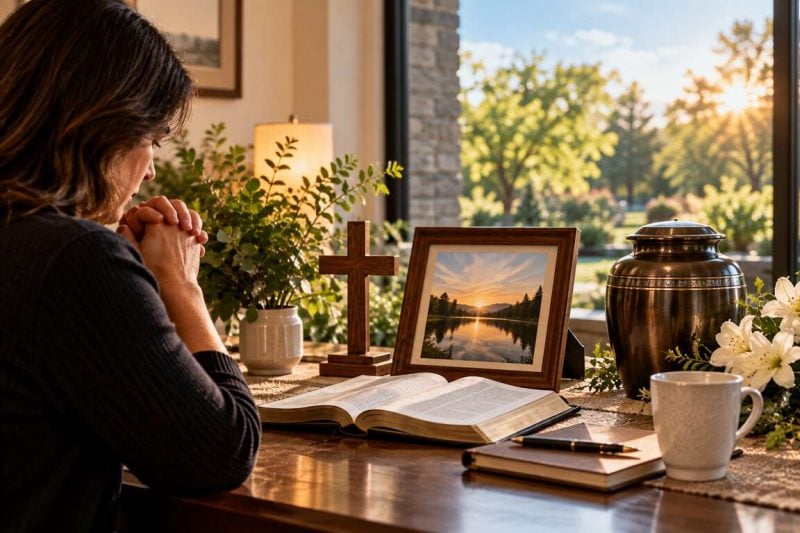 Woman in quiet prayer beside an urn and memorial keepsakes in a peaceful sunlit remembrance setting
