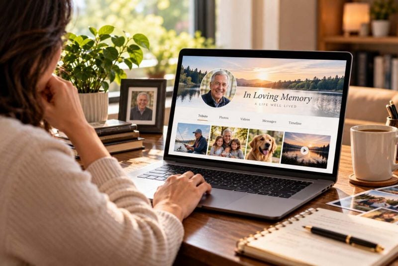 Woman viewing a digital memorial tribute with family photos and memories displayed on a laptop